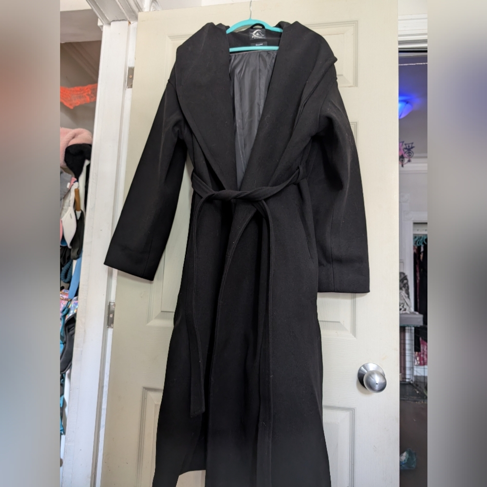 Black Hooded Belted Coat